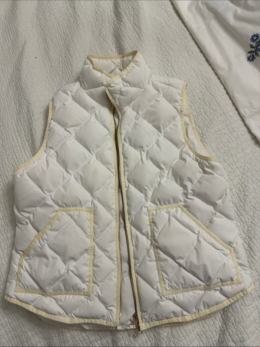 J. Crew Factory White Quilted Vest with Cream Trim